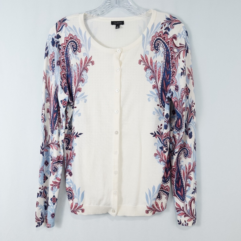 Talbots Charming Cardigan‎ Shadow Paisley Size Medium Button Front Crew Neck
